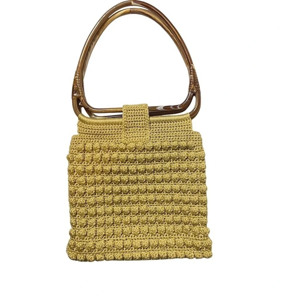 Vintage Crochet‎ Top Handle Handbag Beige Tan Lucite Handle